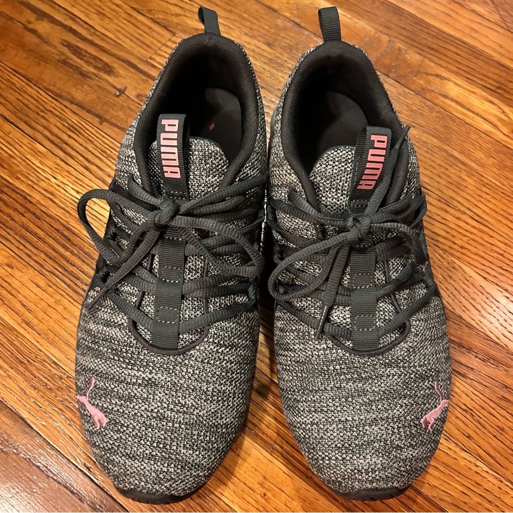 Gray Pumas with Pink Accents